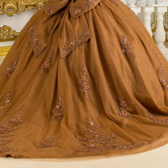 New Brown Beaded Quinceanera Tulle Dress w/ Layered Skirt & Back Bow GL3811 - Picture 14 of 15